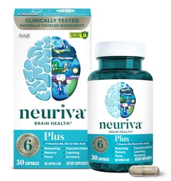 NEURIVA Plus Brain Supplement mälu, fookus ja kontsentratsioon + Kognitiivne funktsioon kliiniliselt testitud nootroopika fosfatidüülseriin ja neurofaktor, vitamiinid B6 & B12, 30 loend kapslid