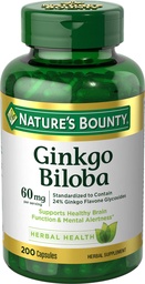 Looduse Bounty Ginkgo Biloba, toetab tervislikku ajufunktsiooni, taimset toidulisandit, 60 Mg, 200 kapslit