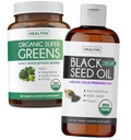 Super Greens & Black Seed Oil (3-kuuline pakkumine) Taimne õli segu Orgaaniliste Super Roheliste pulber - Täielik supertoit (180 kapslit) & Orgaaniline musta seemne õli vedelik - külmpressitud (8 fl oz)