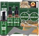 Beard Kit, Beard Grooming Kit w/2 Pack Beard Oil&2 Pack Beard Balm, Jõulud Laovarud Kingitused meestele Tema Abikaasa Isa Poisssõber, Habemepesukammi harja