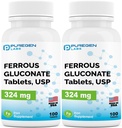 Puregen Labs Raudglükonaat 324 mg [suure tugevusega] Raualisand, õrn kõhul | 2 Pack - 200 tabletti Kokku