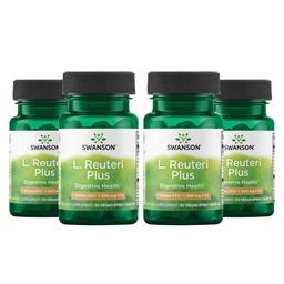 Swanson L. Reuteri Probiotic Plus w/L. Rhamnosus L. Acidophilus & FOS Prebiootiline seedetrakti tugi - Soodustab soolestiku tervist w/ 7 miljardit CFUd kapsli kohta - (30 Veggie kapslit) (4 pakendit)