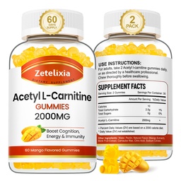 2 Pack Atsetüül L-karnitiin Gummies, L-karnitiini lisand naistele ja meestele, toidulisand energia suurendamiseks, immuunsus ja aju tervis, vegan, GMO-vaba, Mango maitse, 120 krahv