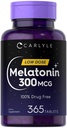 Carlyle Melatoniin 300 mcg | 365 tabletti | Väike annus | Taimetoitlane, mitte-GMO, Gluteenivaba