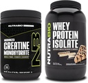 NutraBio kreatiini monohüdraat, maitsestamata, 300g ja vadakuvalgu isolaat, šokolaad maapähklivõi, toidulisandikomplekt - lihasenergia, lahjade lihaste kasv, taastumine ja tugevus