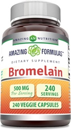 Amazing Formulas Bromelain 500mg 2400 GDU, Veggie kapslid | Non-GMO | Gluteenivaba | Valmistatud USAs | Ideaalne taimetoitlastele (240 Count)