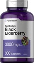 Horbäach Black Elderberry | 3000mg kapslid | 300 Count | Non-GMO, Gluteenivaba | Sambucus Supplement