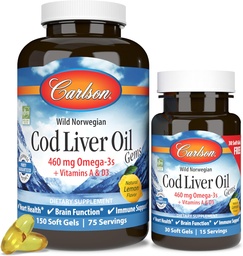 Carlson - tursamaksaõli Gems, 460 mg oomega-3s + vitamiinid A & D3, looduslikult püütud Norra Arktika tursamaksaõli, jätkusuutlikult hangitud Põhjamaade kalaõli kapslid, sidrun, 180 Softgels