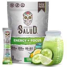 Salud 2-in-1 energiajoogi pulber + fookus, kurgilubi, orgaaniline kofeiin, B6 + B12, Theanine, puhta energia joogipakendid, Agua Fresca segu, mitte-GMO, Gluteenivaba, vegan, 1 g suhkrut, (15 serveerimist)