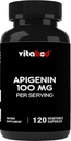 Apigeniin 100 mg ühe serveerimise kohta - 120 köögiviljakapslit - toortaime ekstrakt kummeliõiest - mitte-elupaikade moodustamine - aktiivsed bioflavonoidid ja antioksüdandid